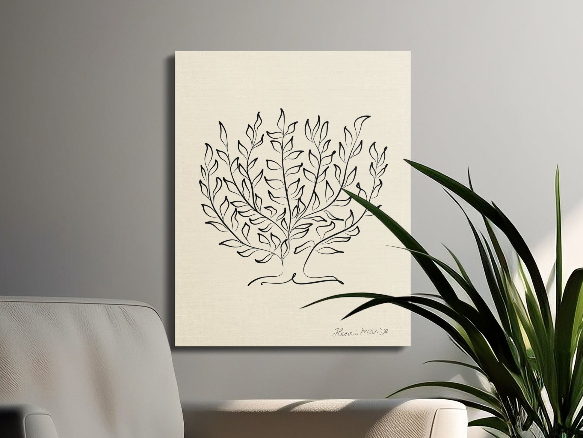 Henri Matisse plant illustration canvas wrap hung in a minimalist living room with a modern sofa and greenery for stylish wall art.