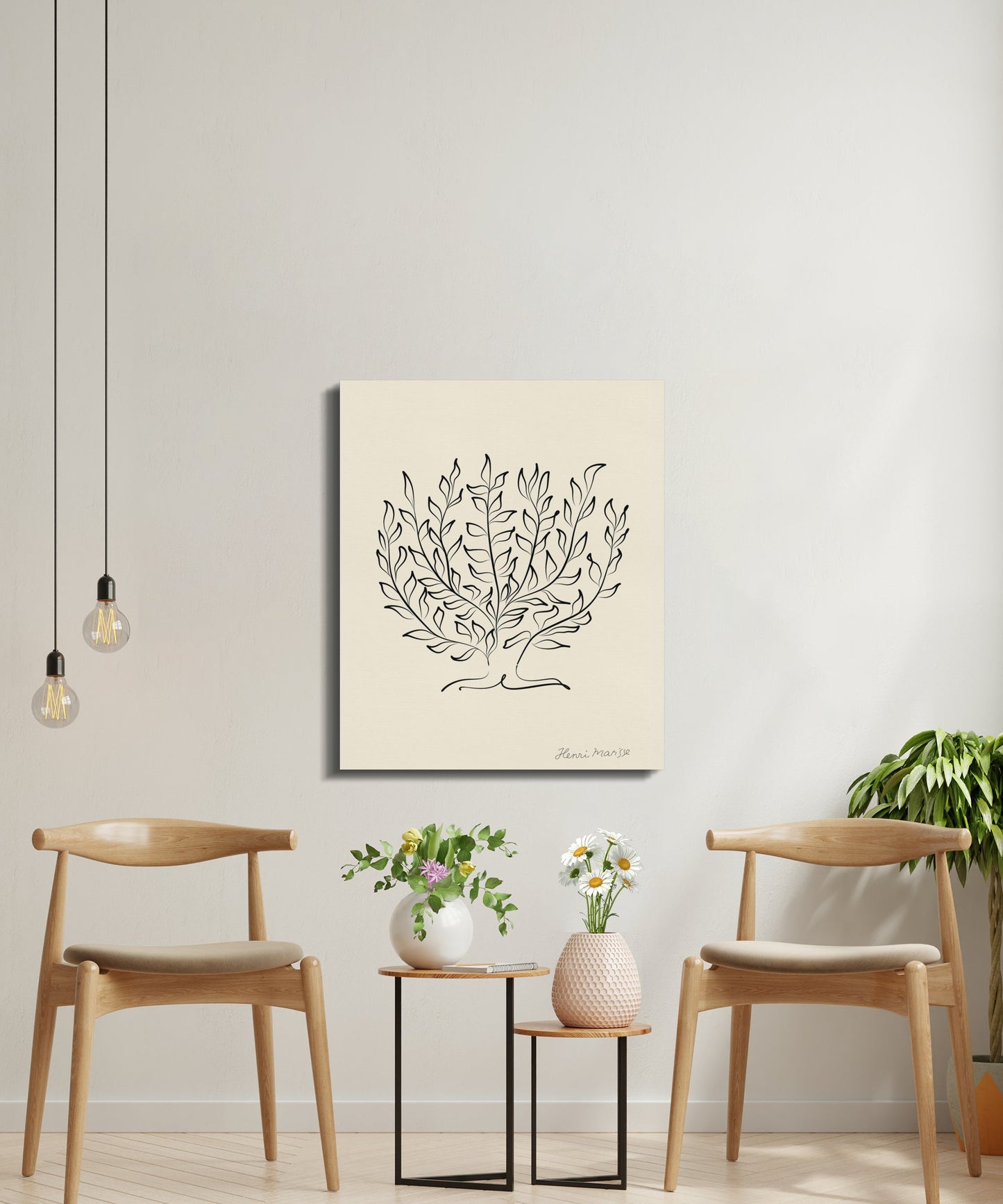 Minimalist plant illustration canvas wrap by Henri Matisse displayed in a modern seating area with wooden chairs and pendant lights.