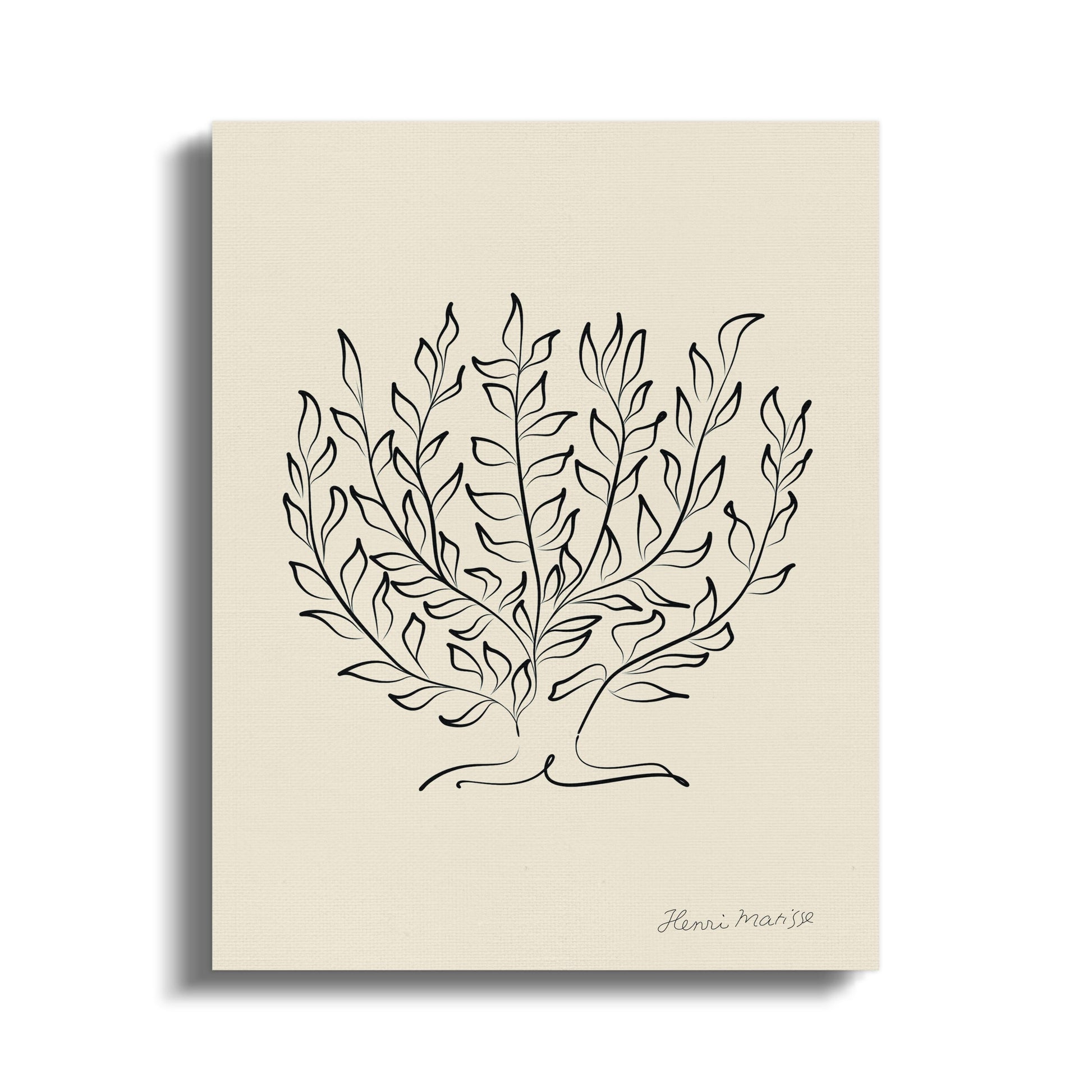 Henri Matisse-inspired plant illustration on a beige canvas wrap, featuring minimalist black line art for modern decor.