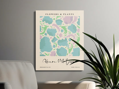 Henri Matisse Flowers and Plants canvas wrap hung in a modern living room with green plants, complementing stylish wall decor.