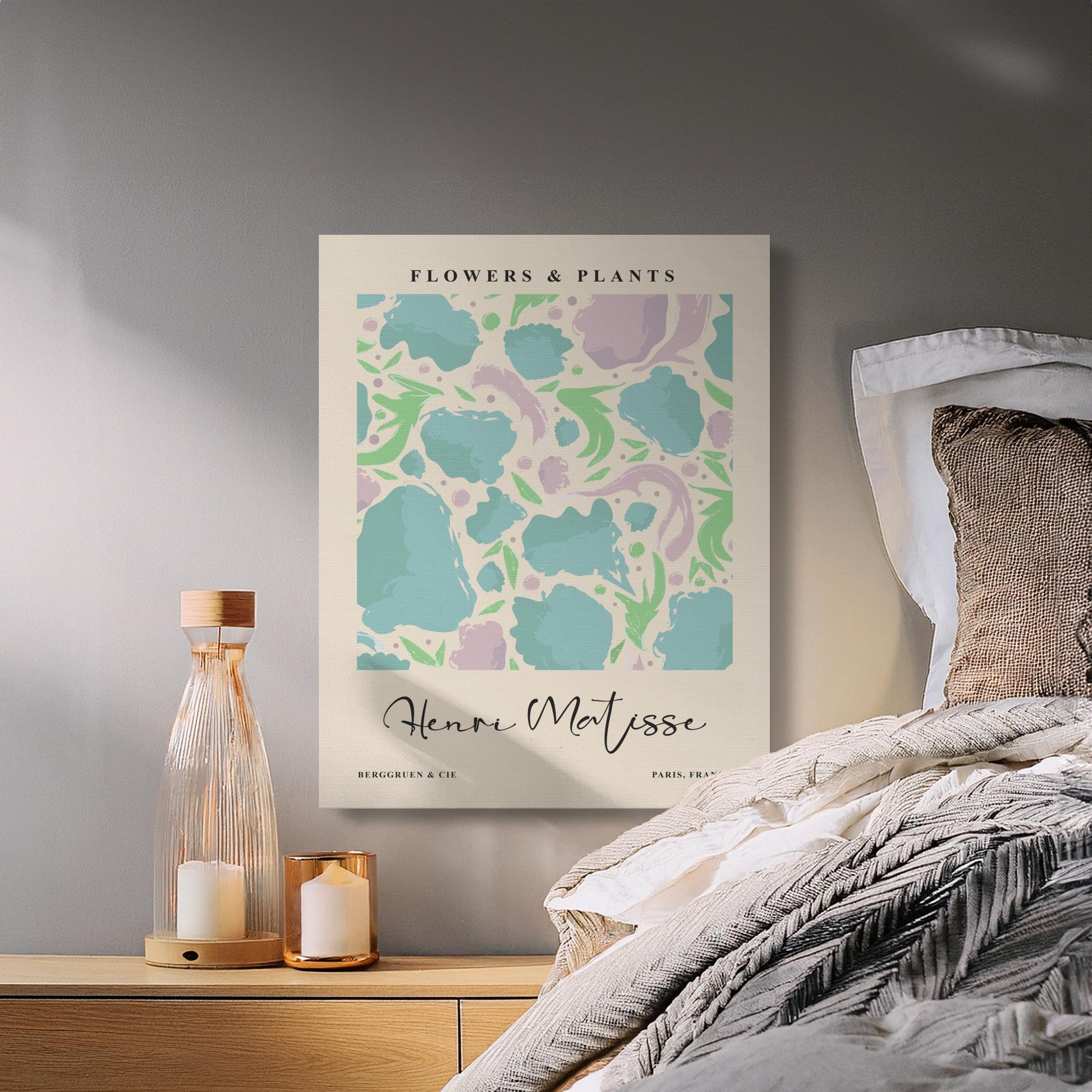Henri Matisse Flowers and Plants canvas art styled in a cozy bedroom with neutral bedding and soft lighting for chic room decor.