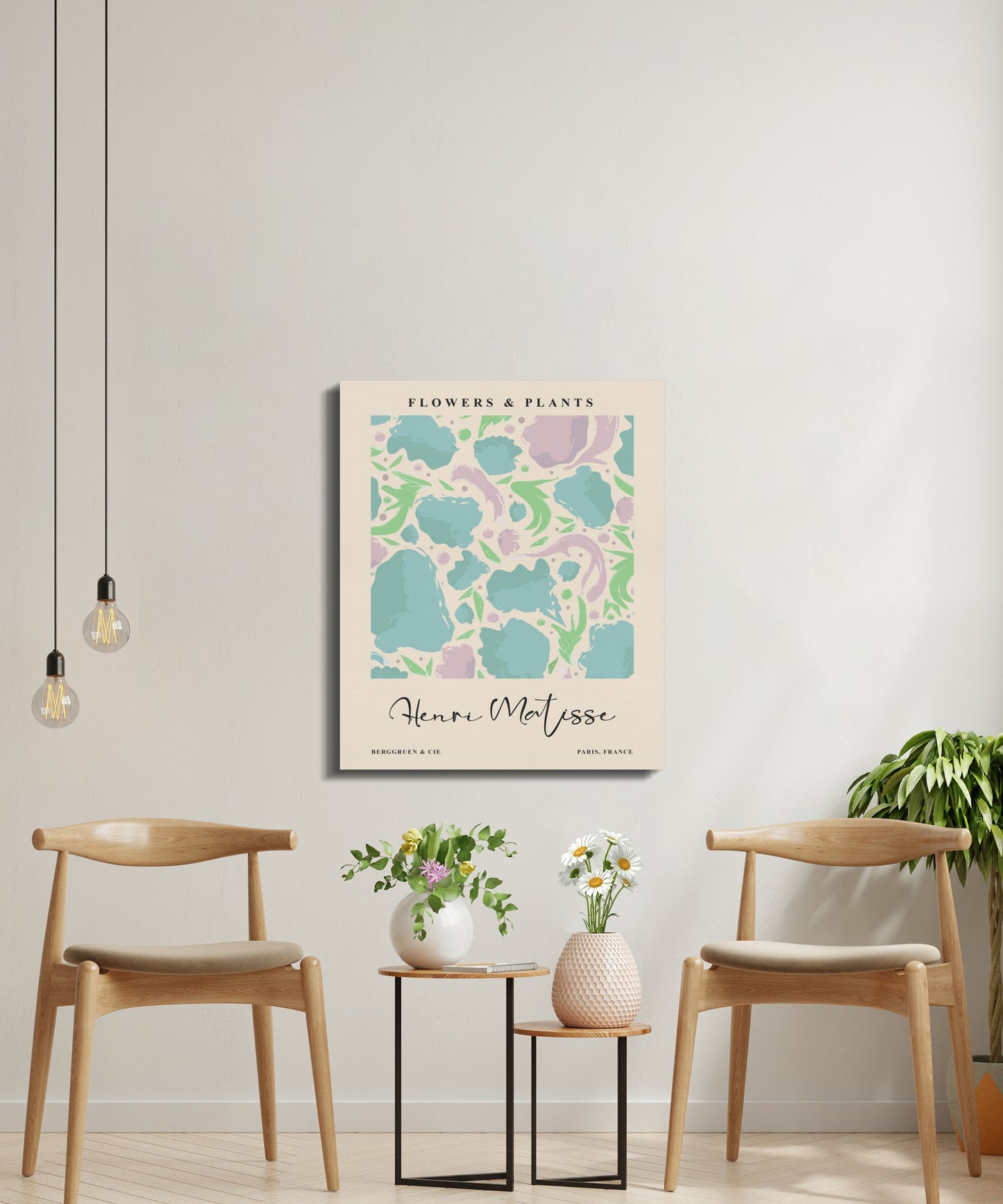 Henri Matisse Flowers and Plants canvas art in a bright room with wooden chairs and potted plants, enhancing stylish wall decor.