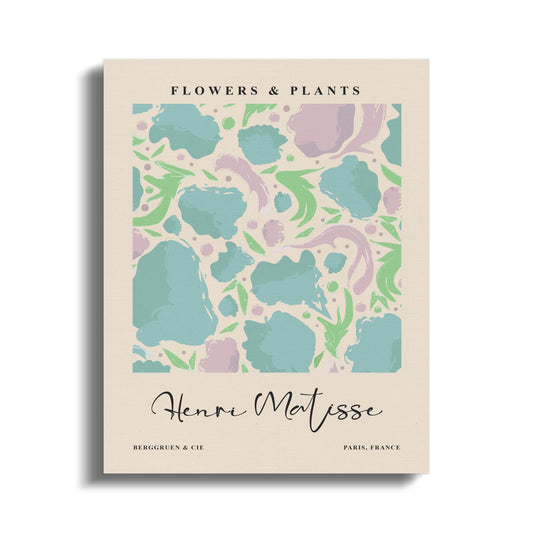 Henri Matisse Flowers and Plants art canvas wrap featuring abstract floral patterns in pastel green, pink, and blue tones.