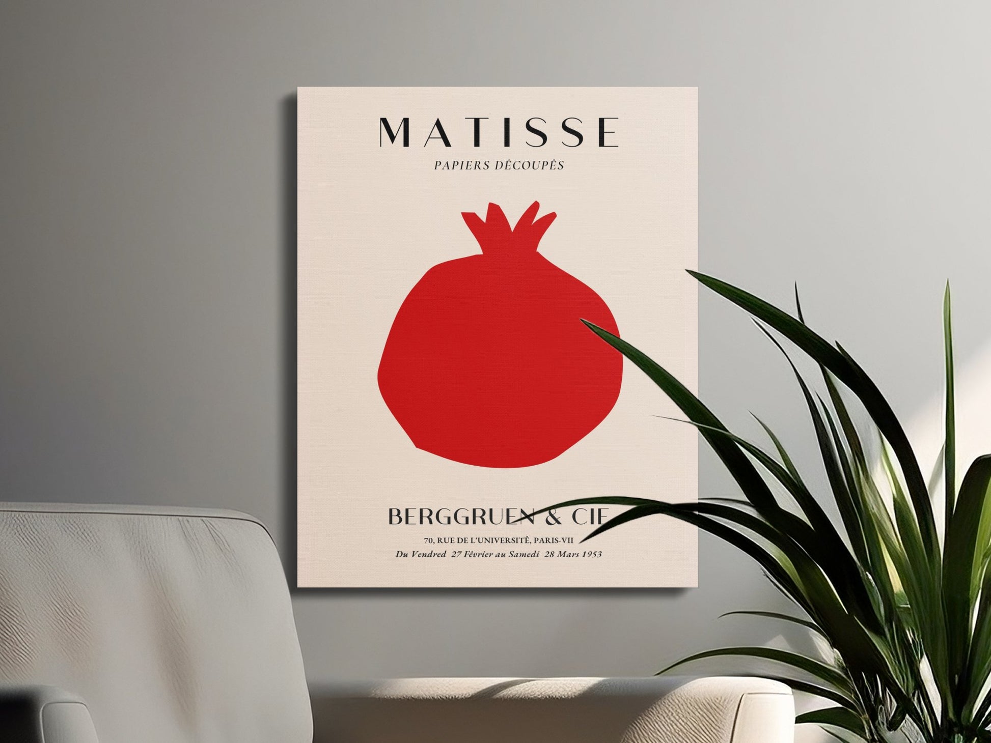 Henri Matisse inspired Berggruen and Cie canvas wrap styled in a minimalist interior with a chair and green plant.