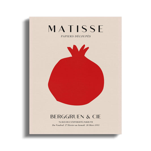 Henri Matisse inspired Berggruen and Cie canvas wrap featuring a bold red pomegranate design on a beige background.