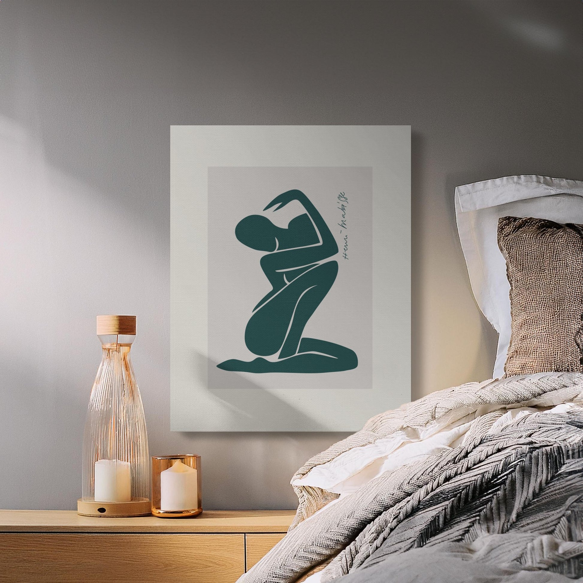 Minimalist art canvas wrap with a teal abstract figure styled in a modern bedroom, enhancing the serene and elegant ambiance.