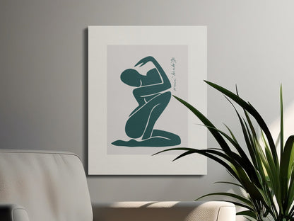 Henri Matisse inspired wall art with a teal abstract figure, styled in a modern living space with a neutral color palette.