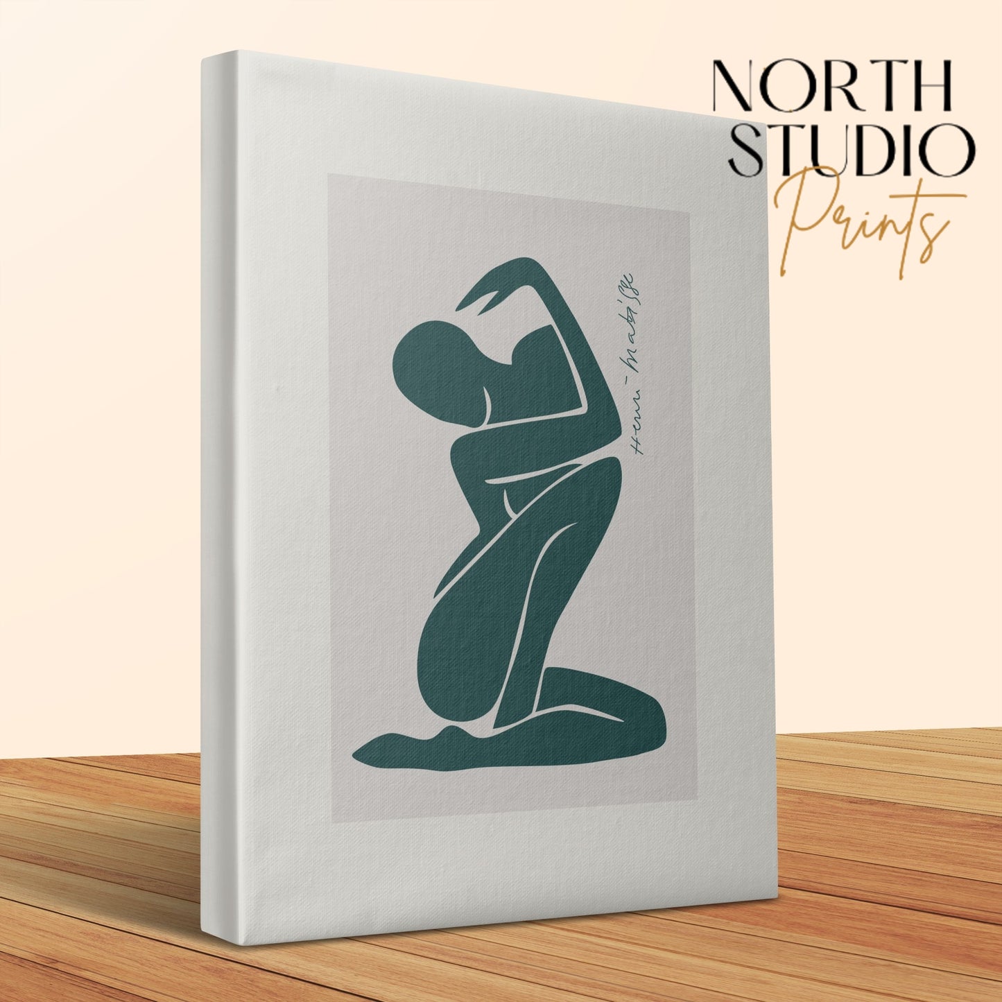 Henri Matisse inspired canvas wrap with teal abstract design, displayed on a wooden surface with North Studio Prints branding.