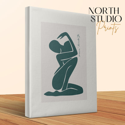 Henri Matisse inspired canvas wrap with teal abstract design, displayed on a wooden surface with North Studio Prints branding.