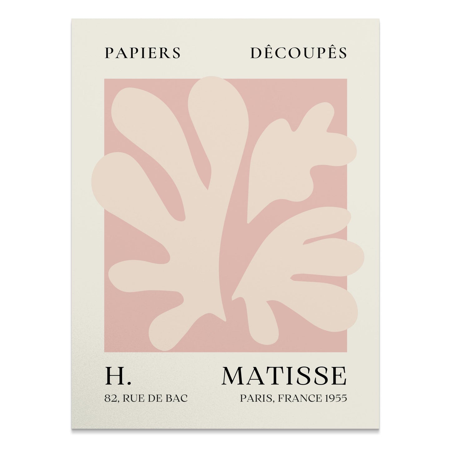 Henri Matisse inspired Papiers Decoupes art print poster featuring abstract leaf shapes in soft pink and beige tones with vintage typography.