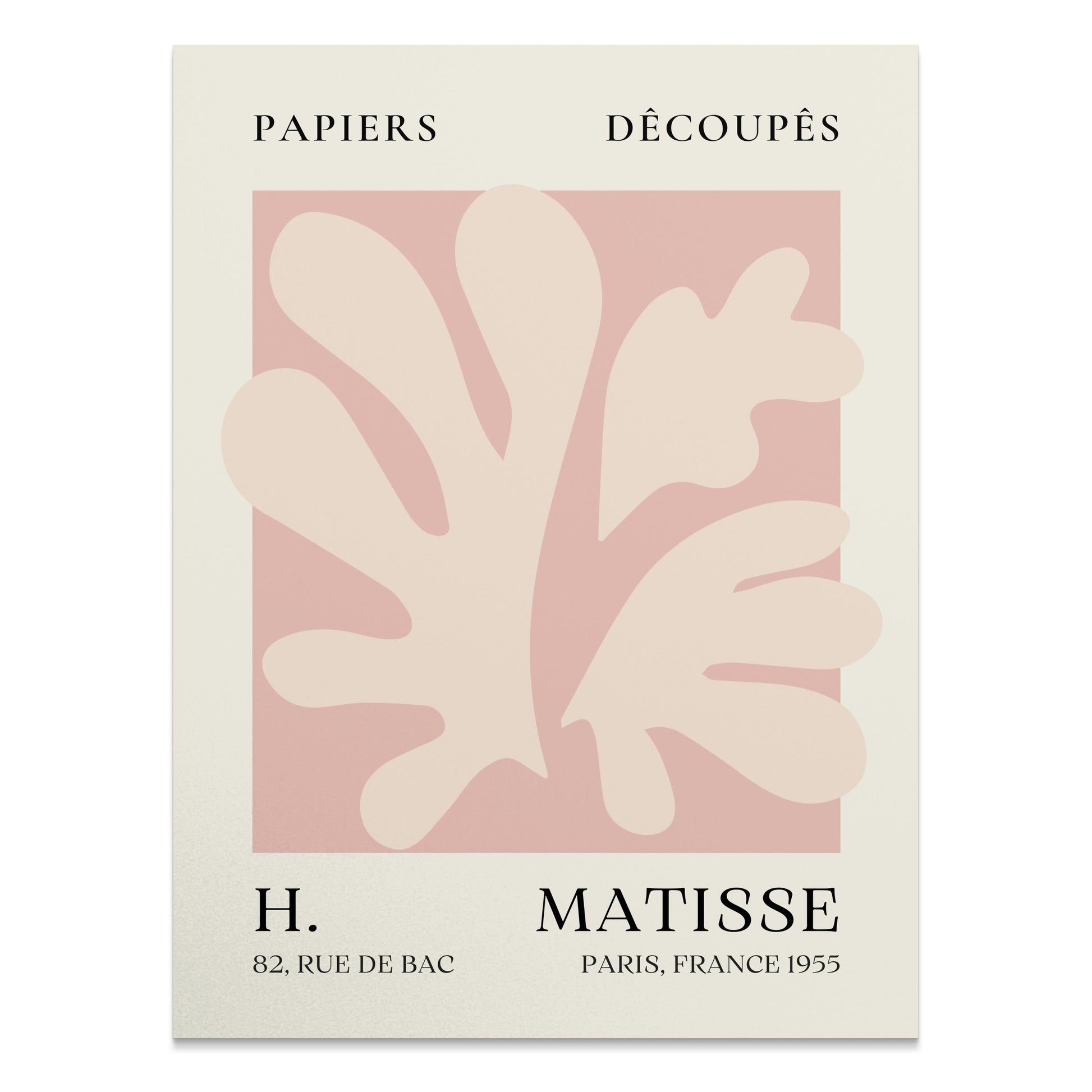Henri Matisse inspired Papiers Decoupes art print poster featuring abstract leaf shapes in soft pink and beige tones with vintage typography.