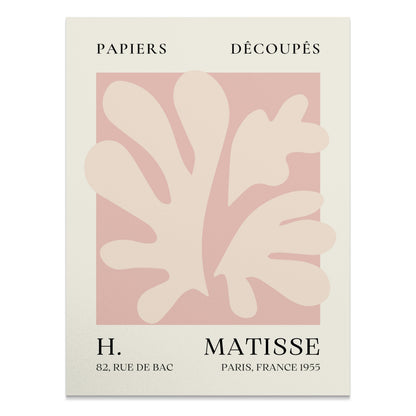 Henri Matisse inspired Papiers Decoupes art print poster featuring abstract leaf shapes in soft pink and beige tones with vintage typography.