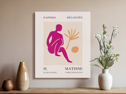 Modern Henri Matisse inspired canvas wrap displayed in a minimalist interior with vases and flowers, showcasing vibrant abstract art.