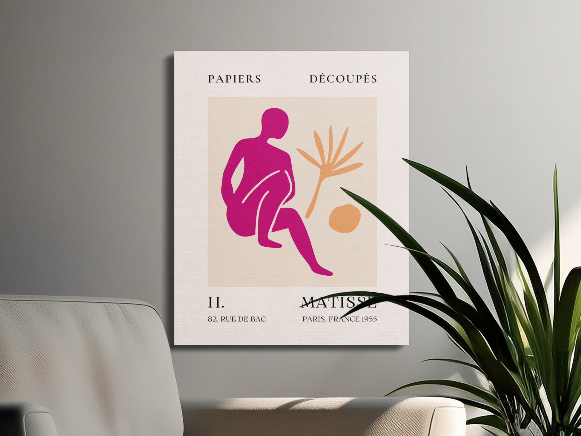 Henri Matisse inspired wall art canvas wrap with bold colors and abstract design, styled in a modern living room with plants.