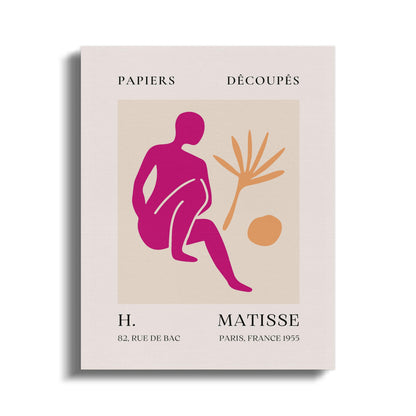Henri Matisse inspired wall art canvas wrap featuring a vibrant abstract design with a pink figure, orange shapes, and text details.