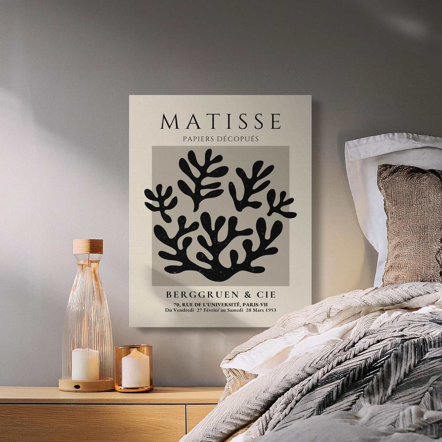 Henri Matisse inspired canvas wall art with black coral design, styled in a cozy bedroom with neutral tones and soft lighting.