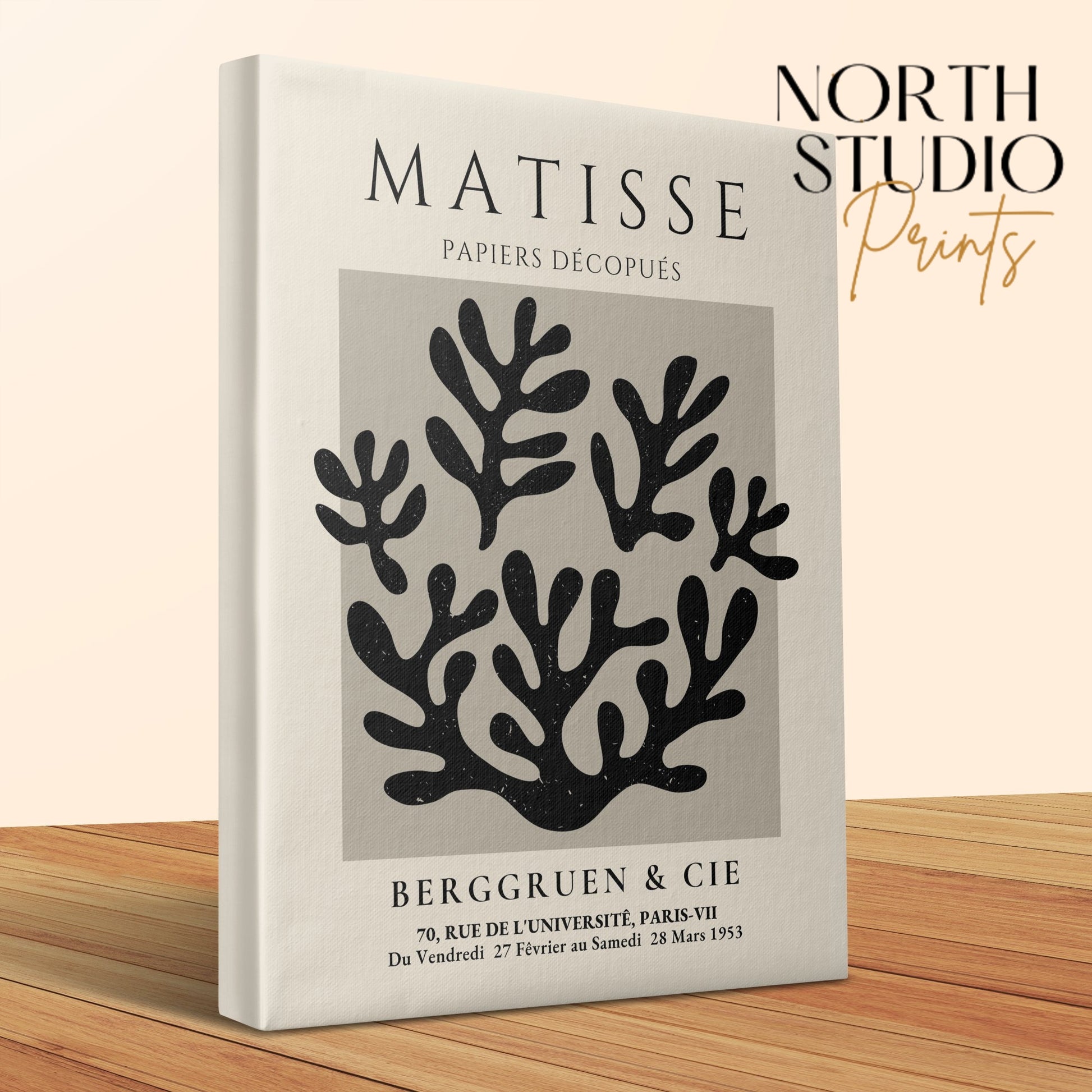 Henri Matisse inspired wall art on canvas wrap with black coral design, displayed with North Studio Prints branding for art lovers.