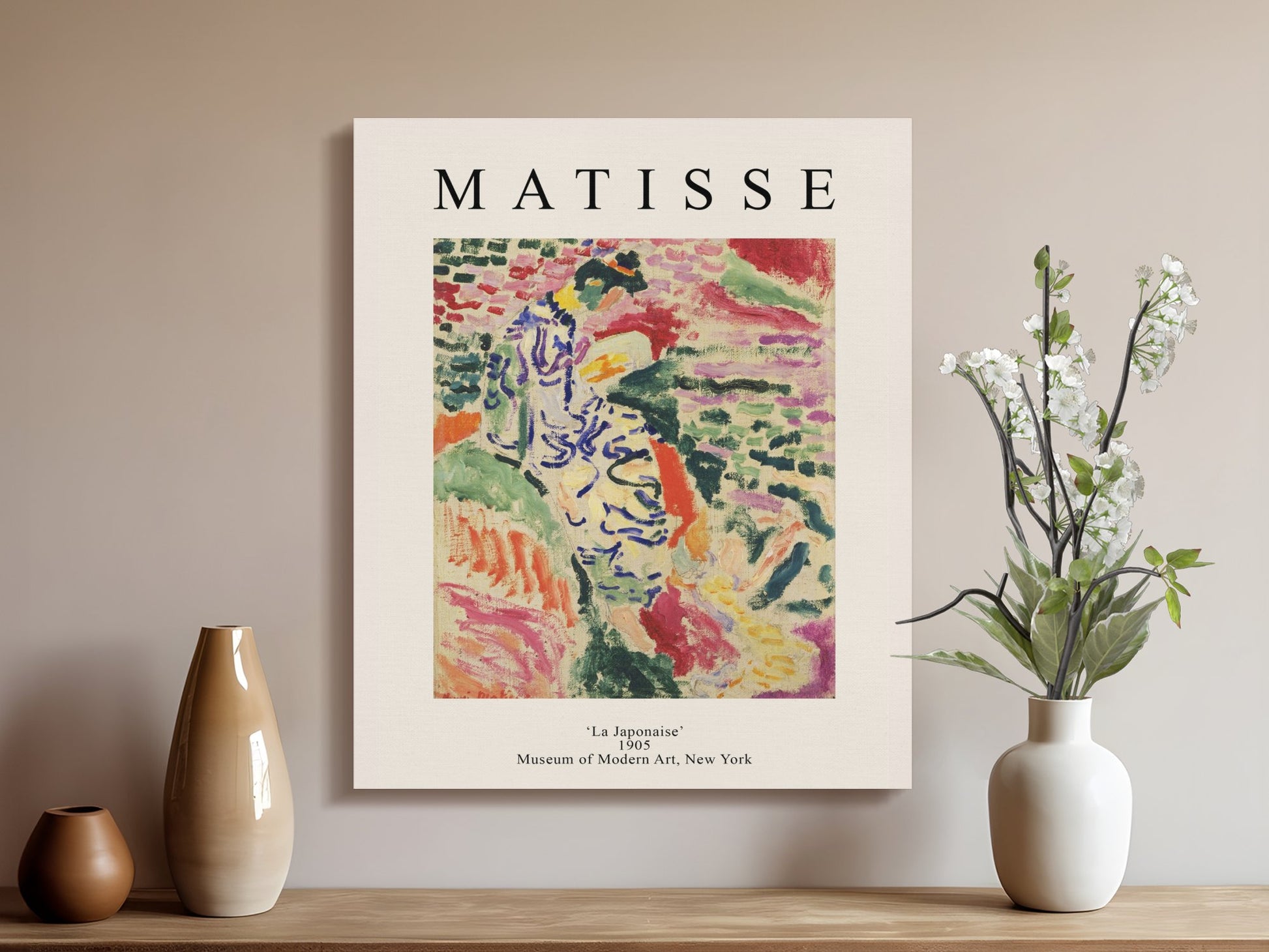 Henri Matisse La Japonaise canvas displayed on a wooden shelf with vases and flowers, perfect for artistic home decoration.