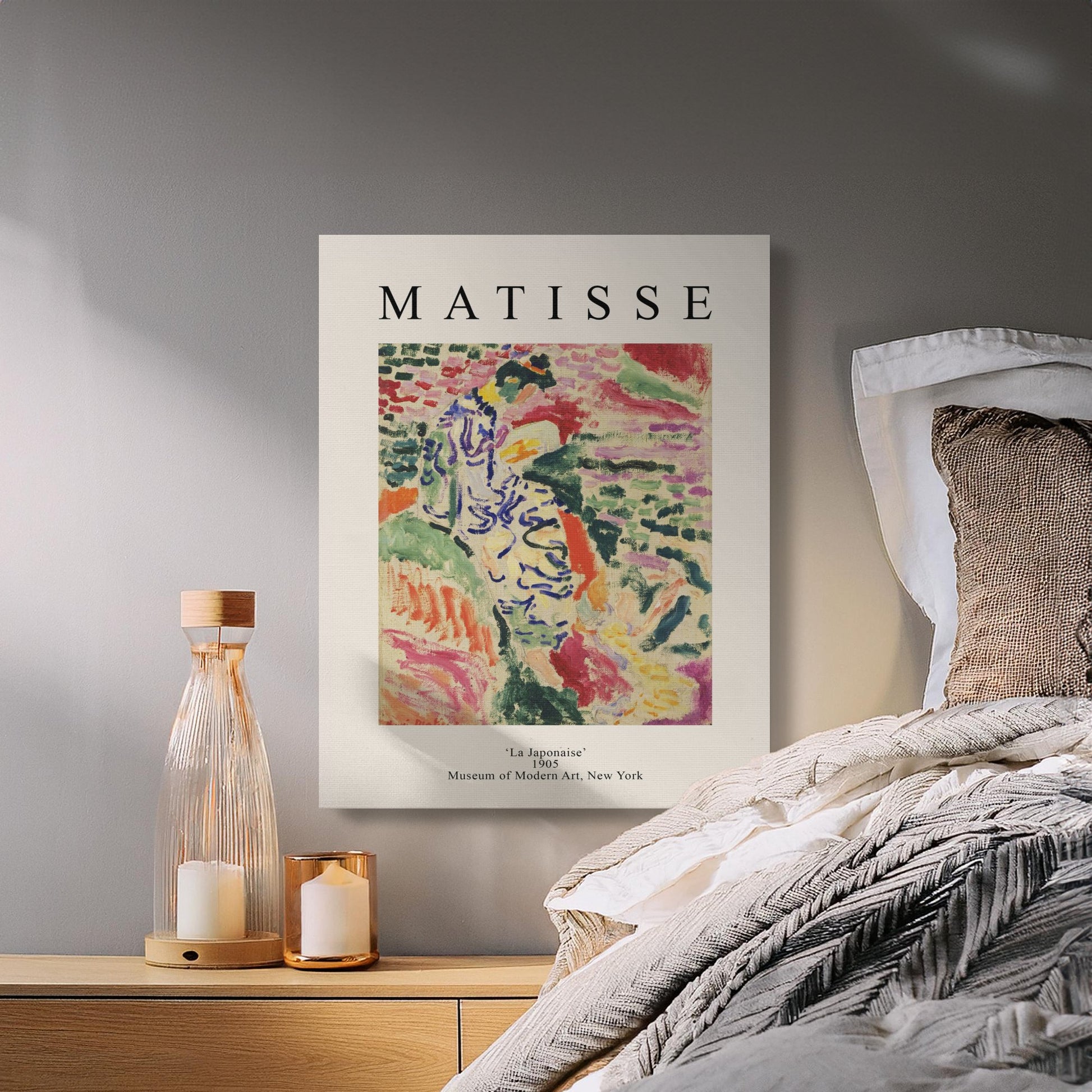 Henri Matisse La Japonaise canvas wrap styled in a cozy bedroom setting, enhancing the space with vibrant artistic decor.