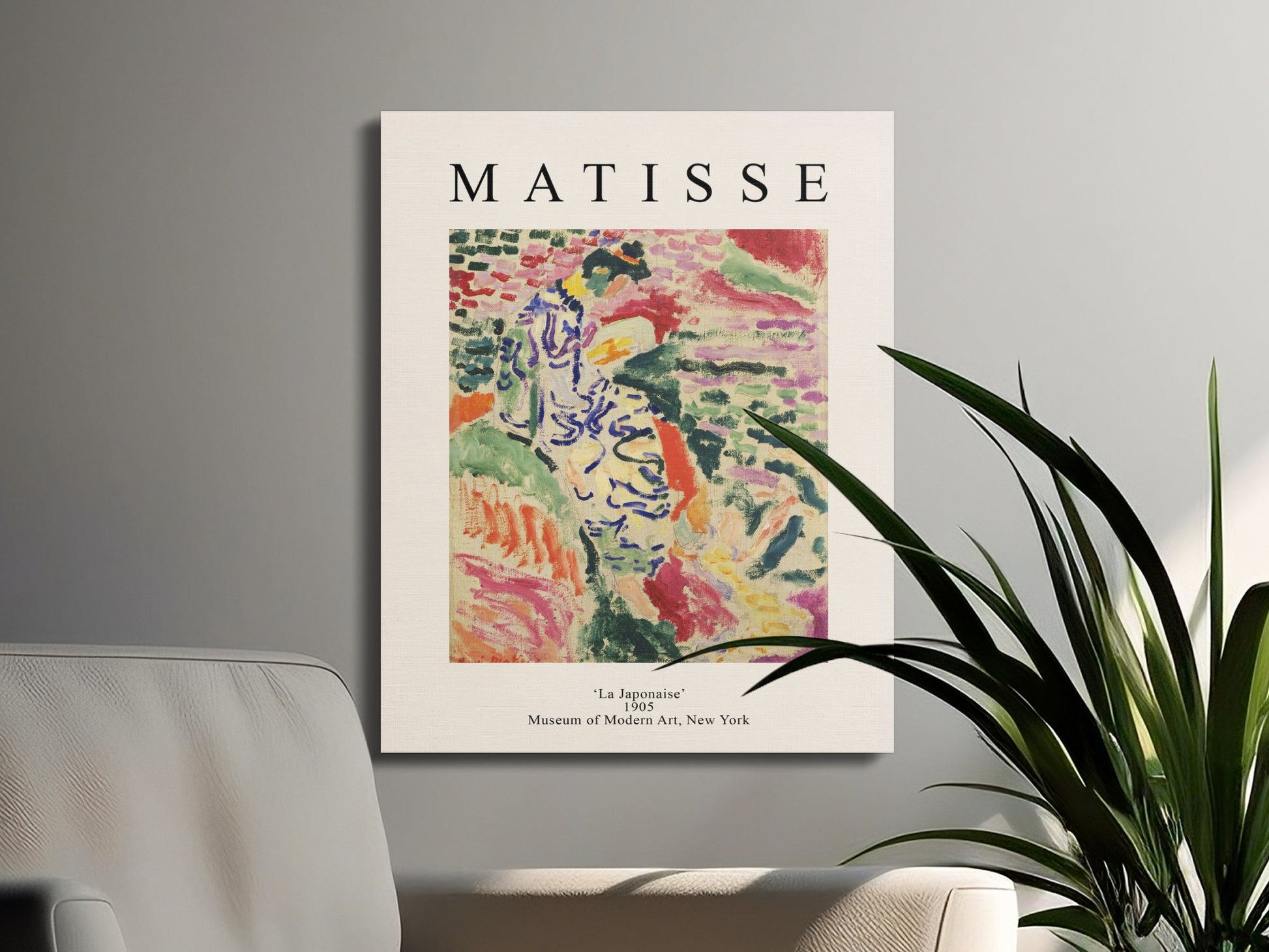 Henri Matisse La Japonaise canvas wrap hung in a modern living room with plants, showcasing abstract fine art wall decor.