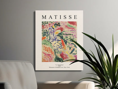 Henri Matisse La Japonaise canvas wrap hung in a modern living room with plants, showcasing abstract fine art wall decor.