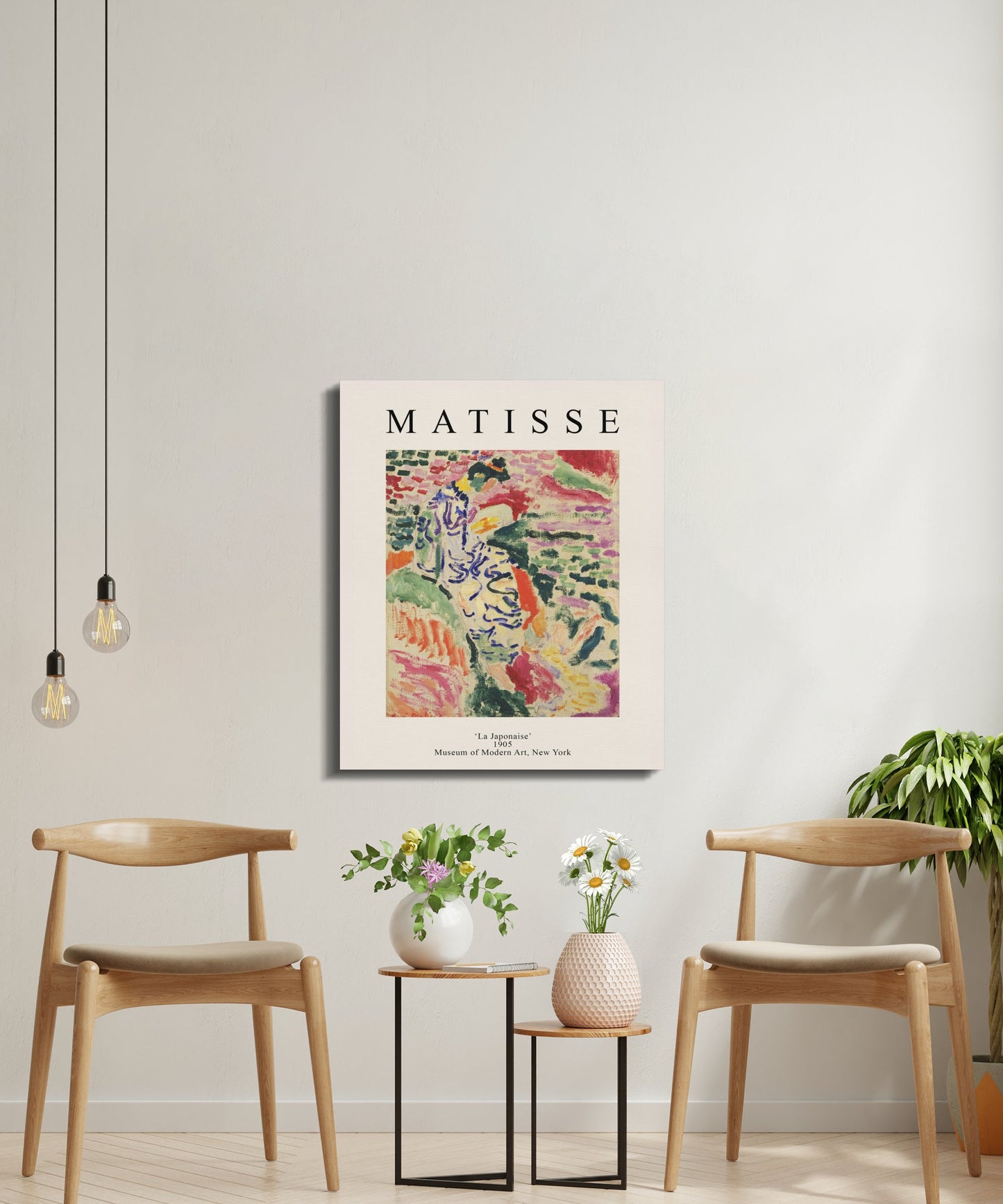 Henri Matisse La Japonaise canvas art displayed in a minimalist room with chairs and plants, perfect for modern interiors.