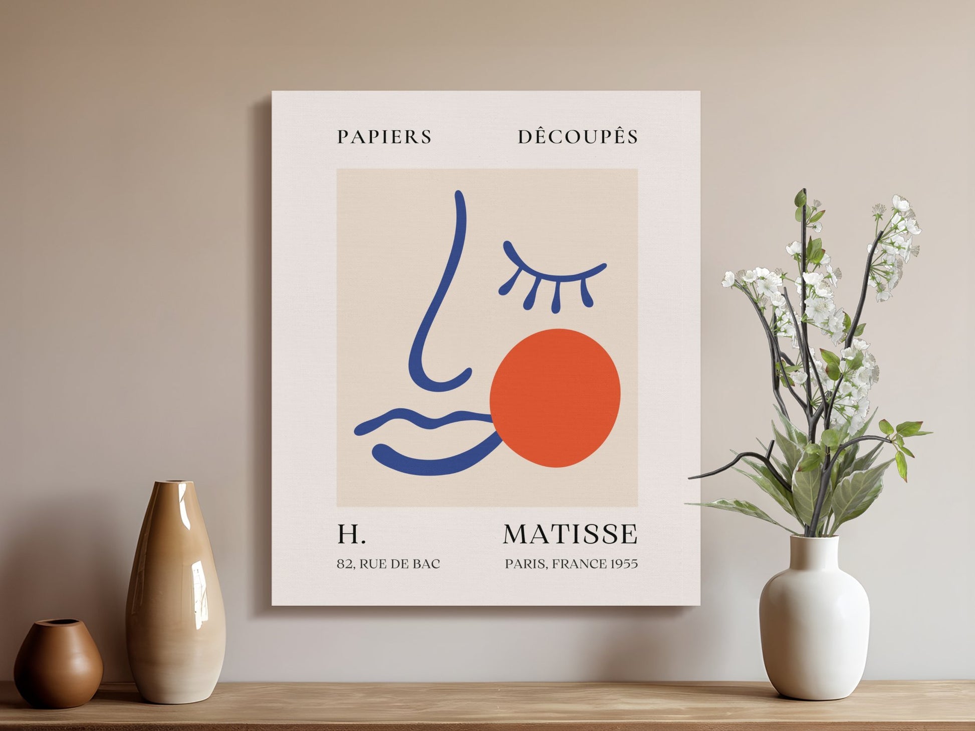 Henri Matisse Papiers Decoupes canvas wrap displayed in a cozy room with vases and flowers, ideal for artsy home decor and statement wall art.