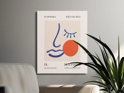 Henri Matisse Papiers Decoupes canvas wrap styled in a minimalist living space with plants, showcasing fine art for modern interiors.