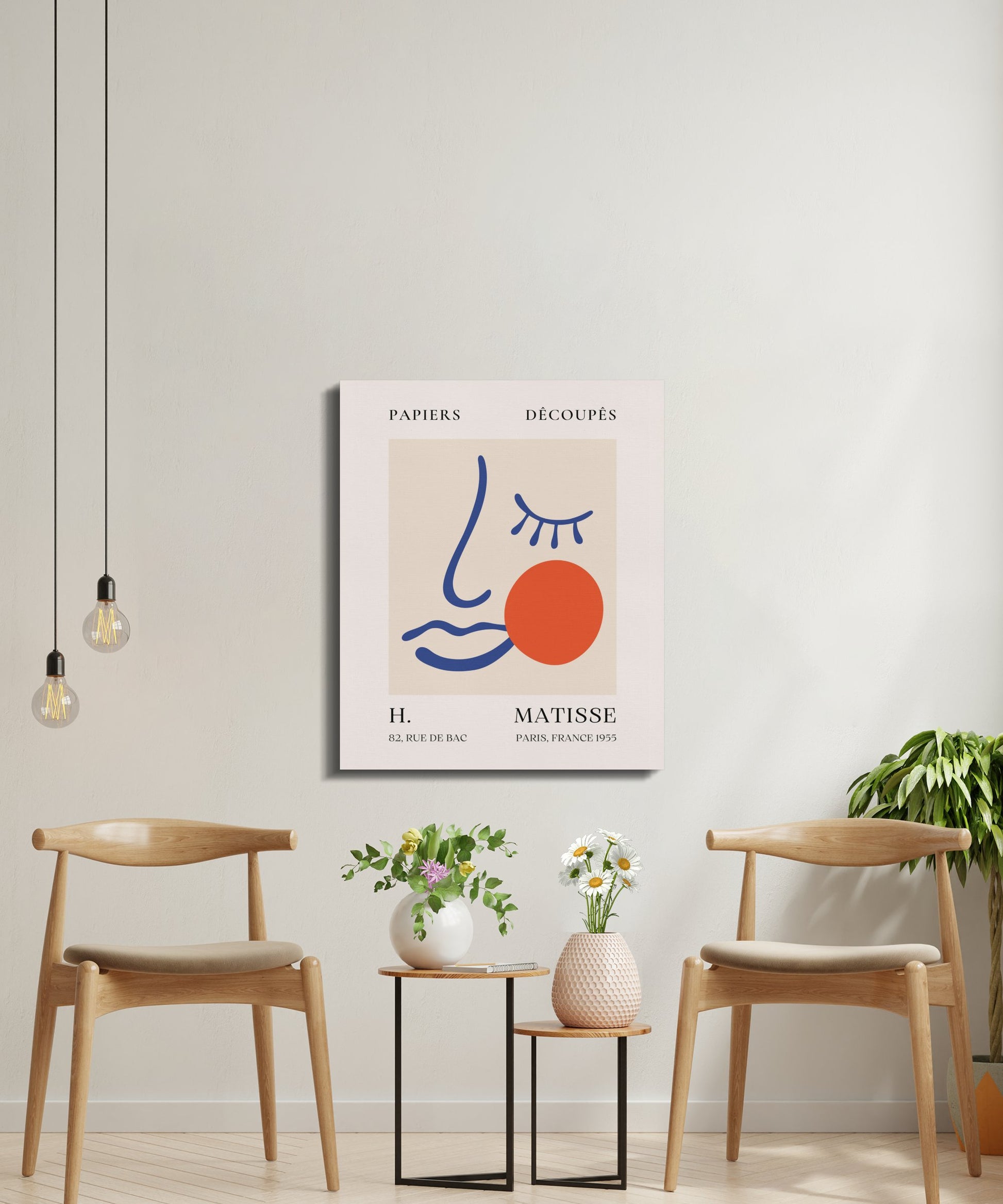 Henri Matisse Papiers Decoupes canvas wrap in a modern sitting area with wooden chairs and plants, perfect for Paris-inspired wall decor.
