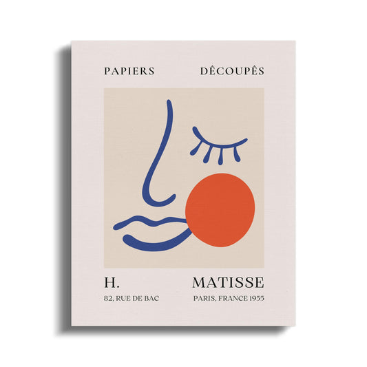 Henri Matisse Papiers Decoupes canvas wrap featuring abstract face design with bold blue lines and a red circle, perfect for modern wall art.