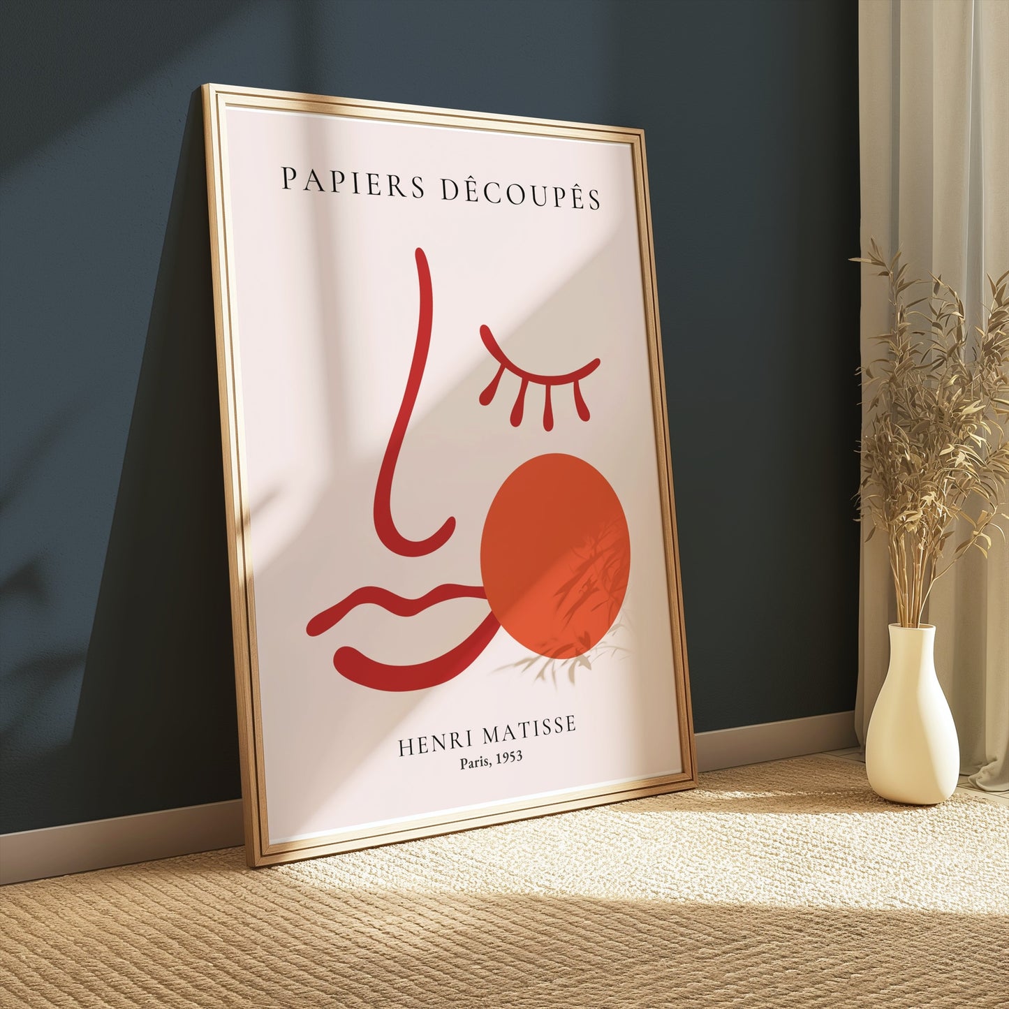 Framed Henri Matisse Papiers Decoupes Paris 1953 art poster leaning against a dark green wall, styled with natural light and modern decor.