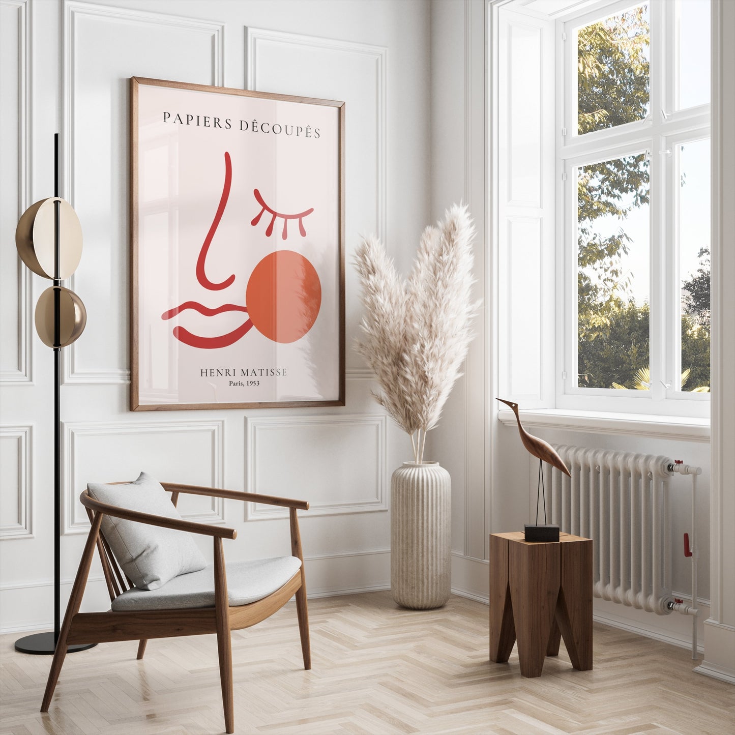 Henri Matisse Papiers Decoupes Paris 1953 art poster in a modern living room with minimalist furniture and pampas grass decor.