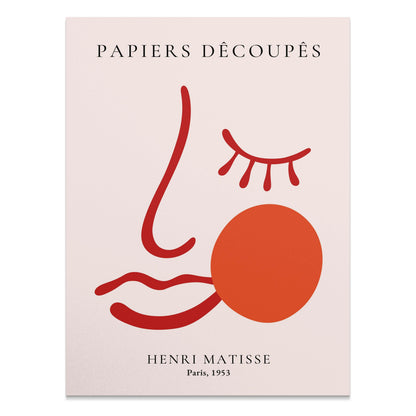 Henri Matisse Papiers Decoupes Paris 1953 art poster featuring minimalist line art with a red abstract face design on a beige background.