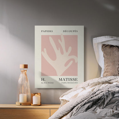 Henri Matisse Papiers Decoupes canvas wrap placed in a cozy bedroom with neutral tones, enhancing the ambiance with unique wall art.