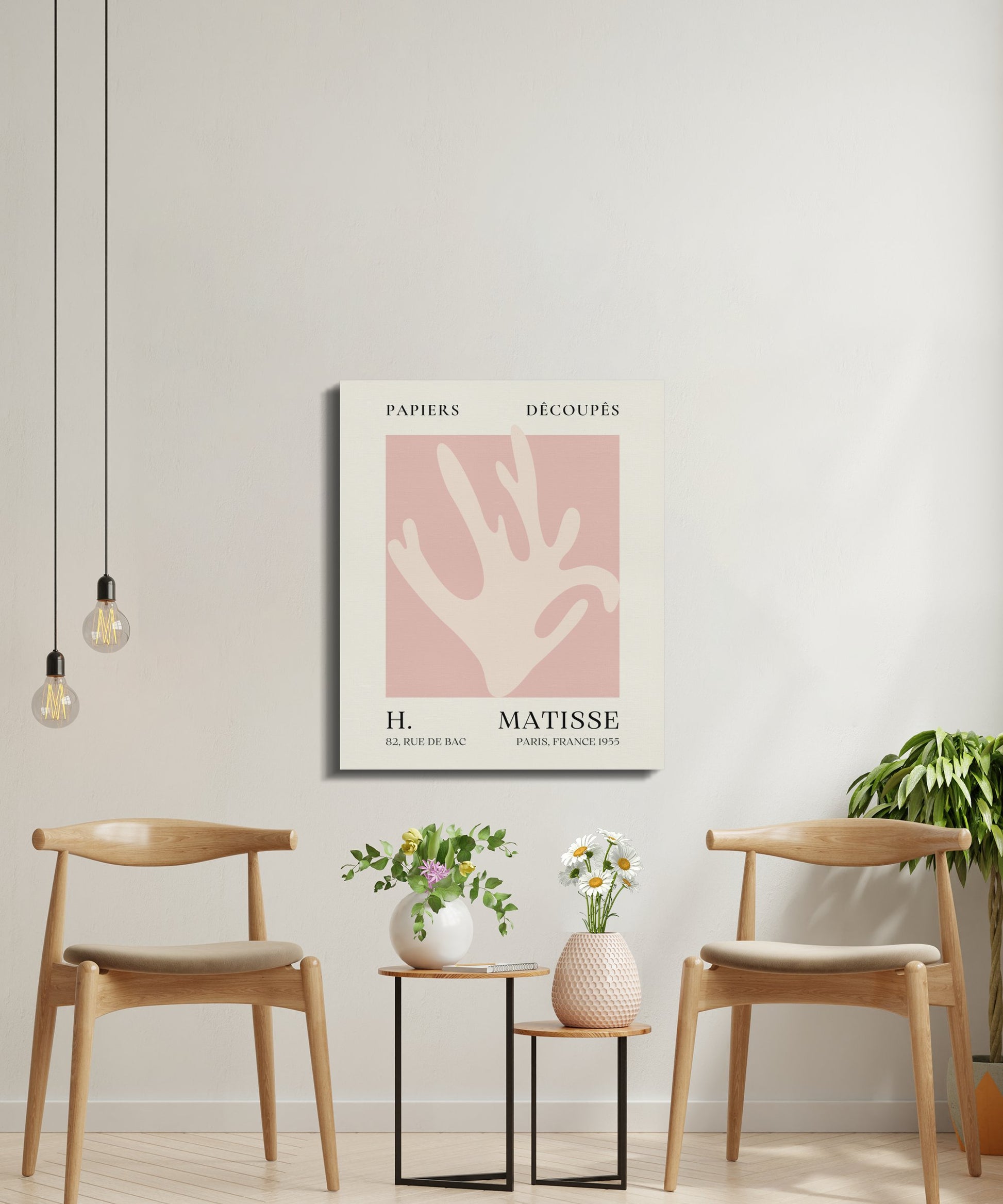 Henri Matisse Papiers Decoupes wall art canvas wrap in a minimalist room with wooden chairs and hanging lights, ideal for modern interiors.