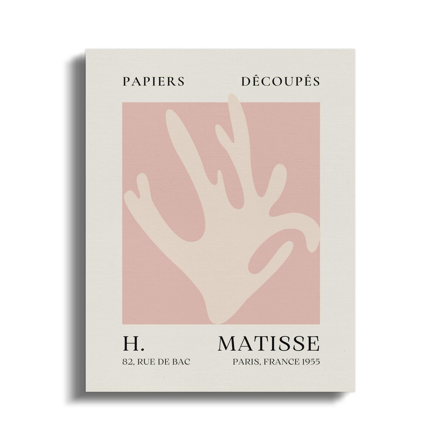 Henri Matisse Papiers Decoupes wall art canvas wrap featuring a minimalist abstract hand design in soft pink and cream tones.