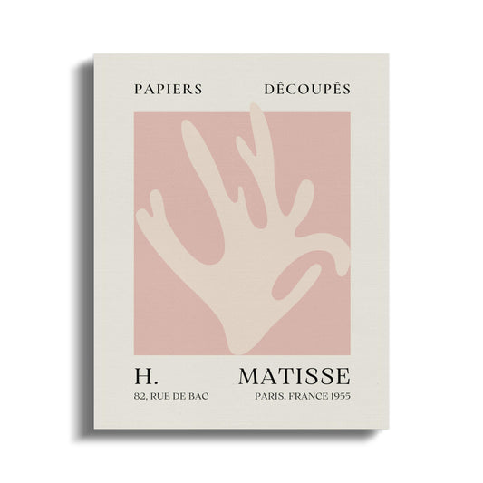 Henri Matisse Papiers Decoupes wall art canvas wrap featuring a minimalist abstract hand design in soft pink and cream tones.