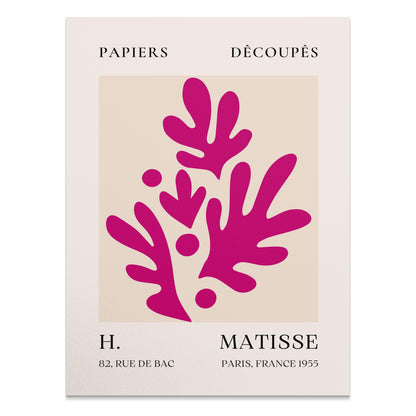 Henri Matisse Paris France 1955 Papiers Découpés poster featuring bold magenta cut-out shapes on a beige background with decorative text.
