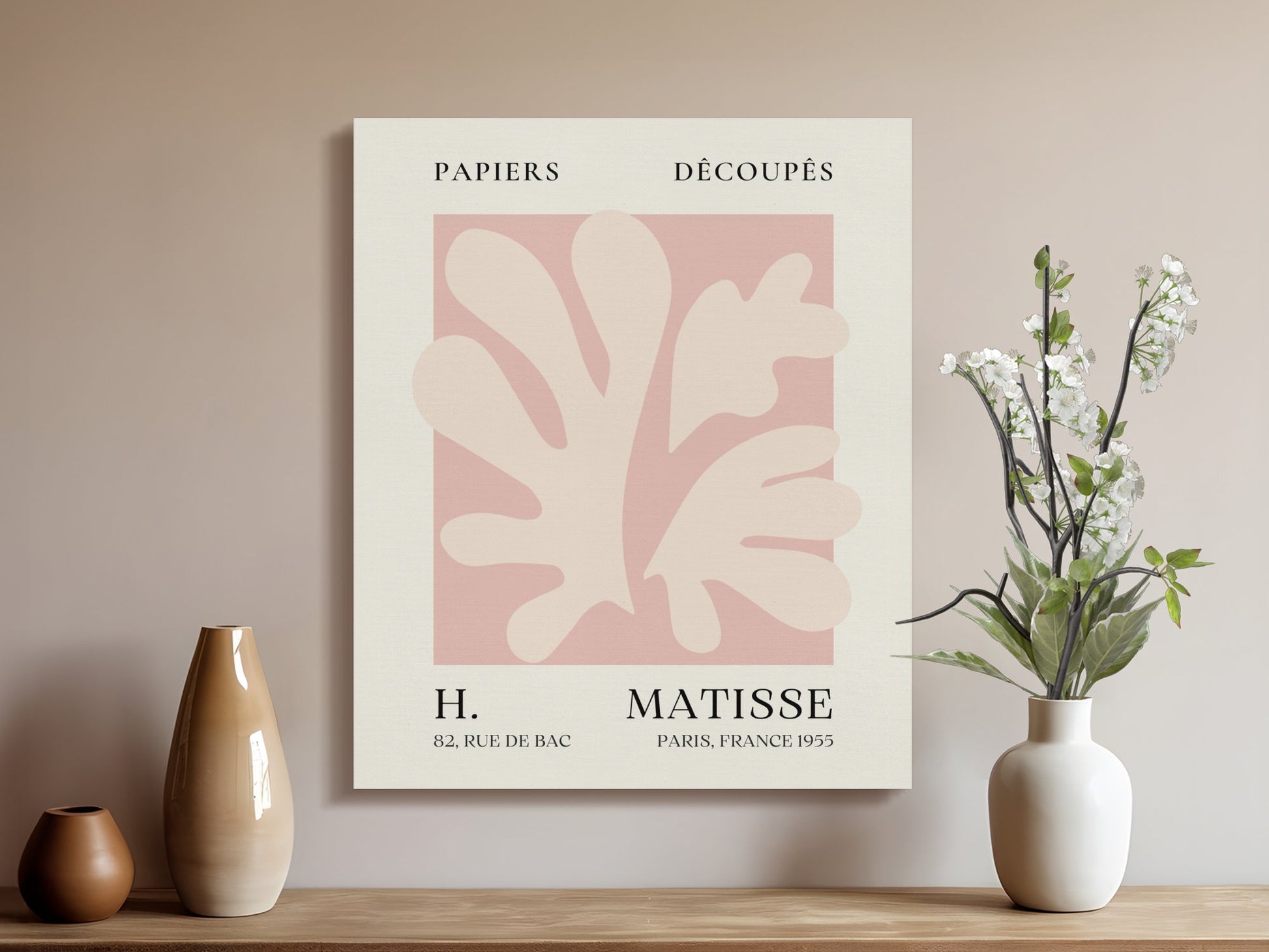 Henri Matisse reproduction canvas wrap displayed on a beige wall with vases and flowers, perfect for modern home decor and interior design.