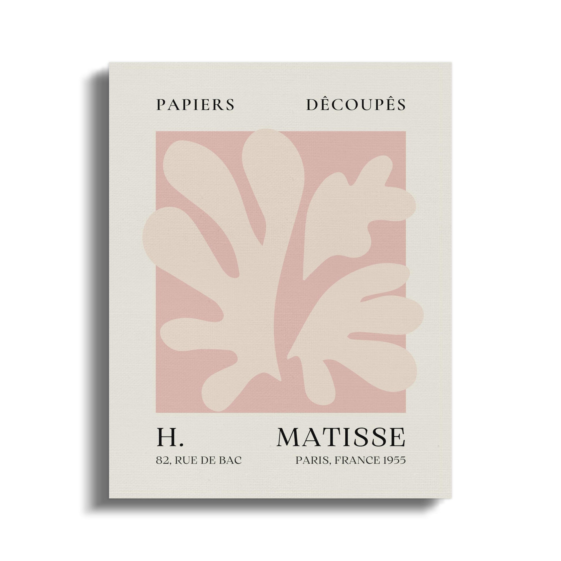 Henri Matisse reproduction canvas wrap featuring abstract pink and beige cut-out design with text 'Papiers Découpés' and artist details.