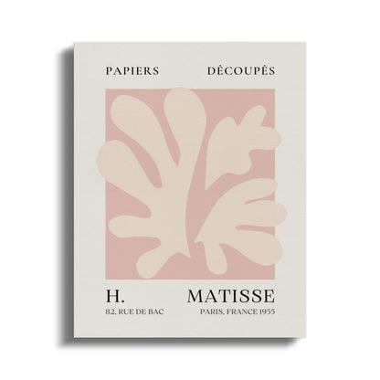 Henri Matisse reproduction canvas wrap featuring abstract pink and beige cut-out design with text 'Papiers Découpés' and artist details.
