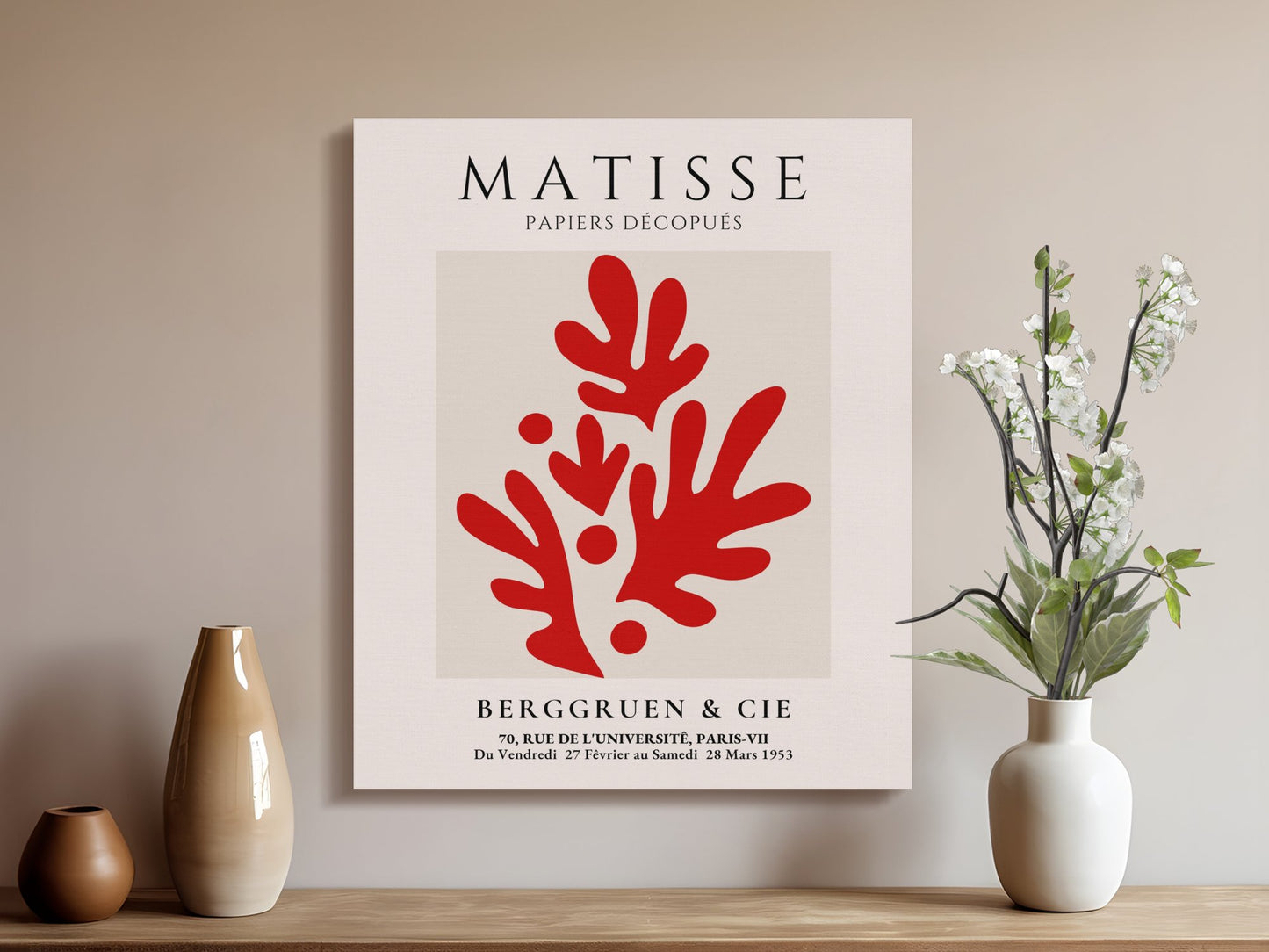 Modern Henri Matisse wall art canvas displayed in a minimalist interior with vases and flowers, showcasing red abstract Papiers Decoupes design.