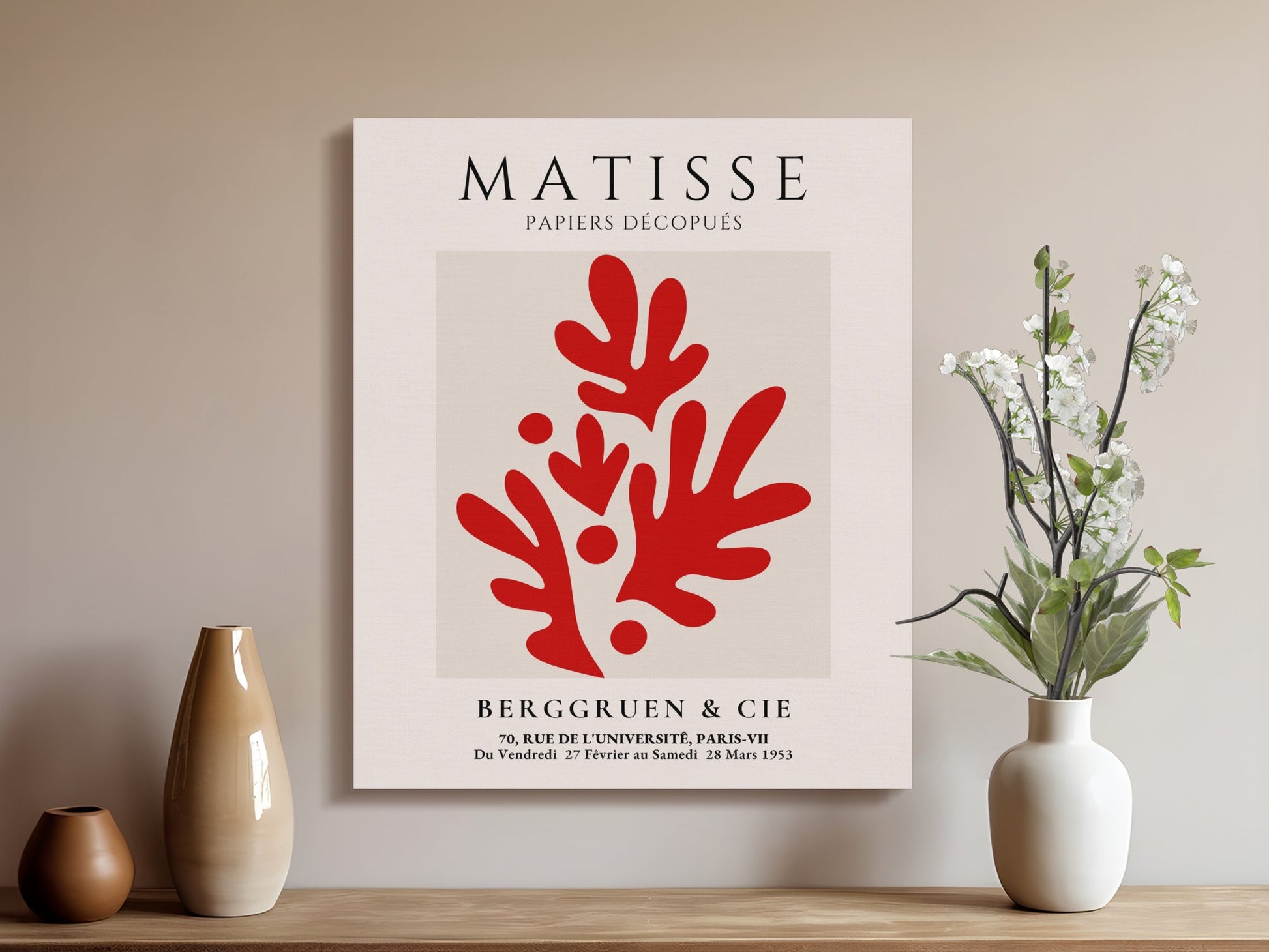Modern Henri Matisse wall art canvas displayed in a minimalist interior with vases and flowers, showcasing red abstract Papiers Decoupes design.