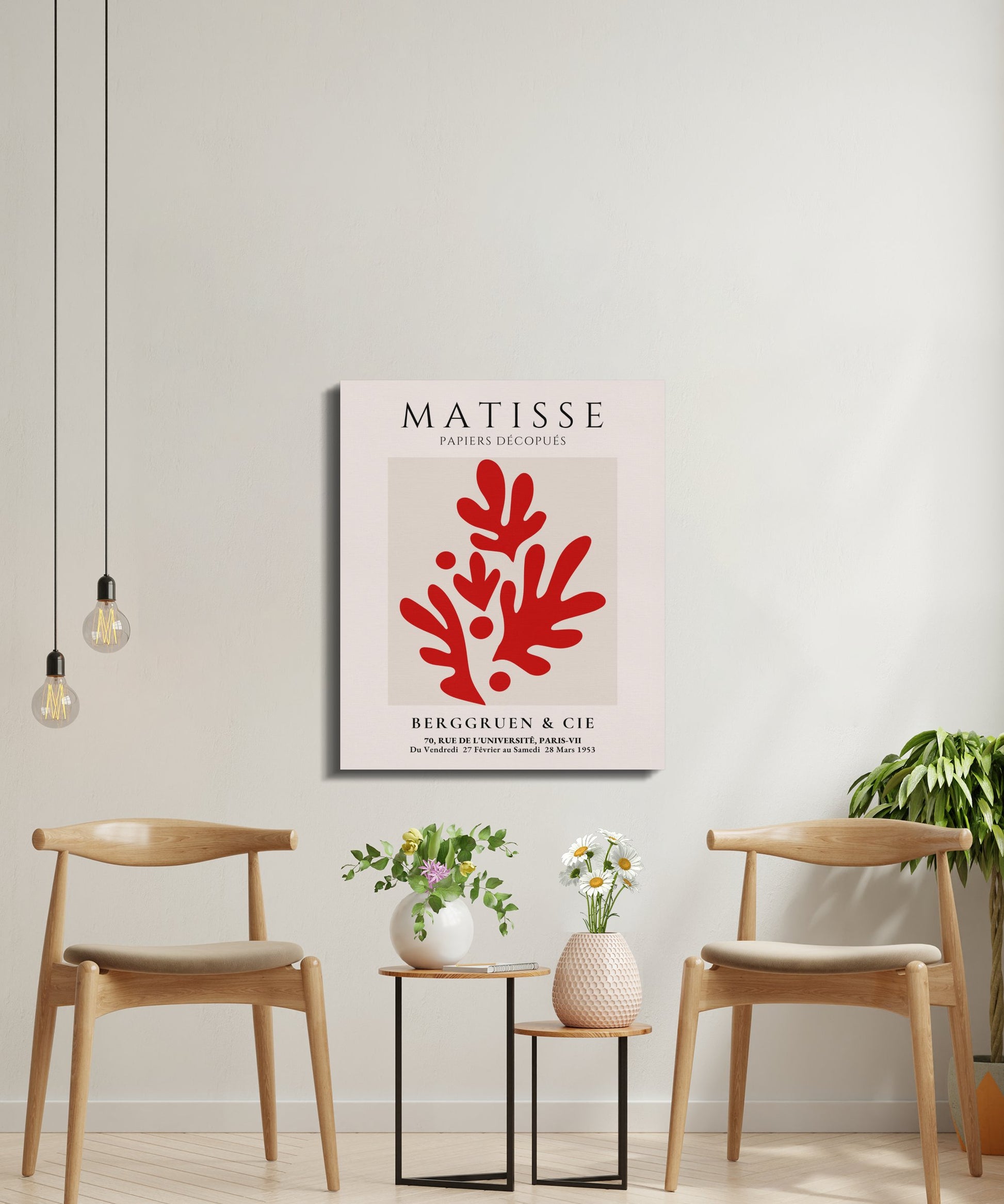Henri Matisse wall art canvas with red Papiers Decoupes design, styled in a bright room with wooden chairs and minimalist decor.