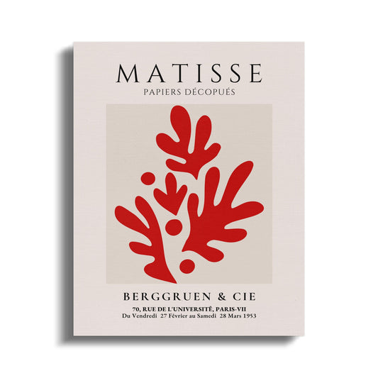 Henri Matisse wall art canvas wrap featuring red abstract Papiers Decoupes design on a beige background with text details.