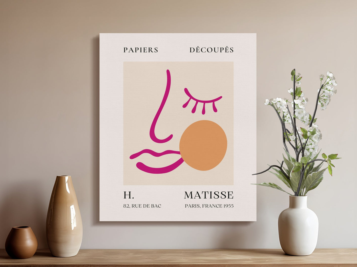 Henri Matisse canvas art displayed on a wall with vases and flowers, showcasing modern minimalist decor with 'Papiers Decoupes' design.