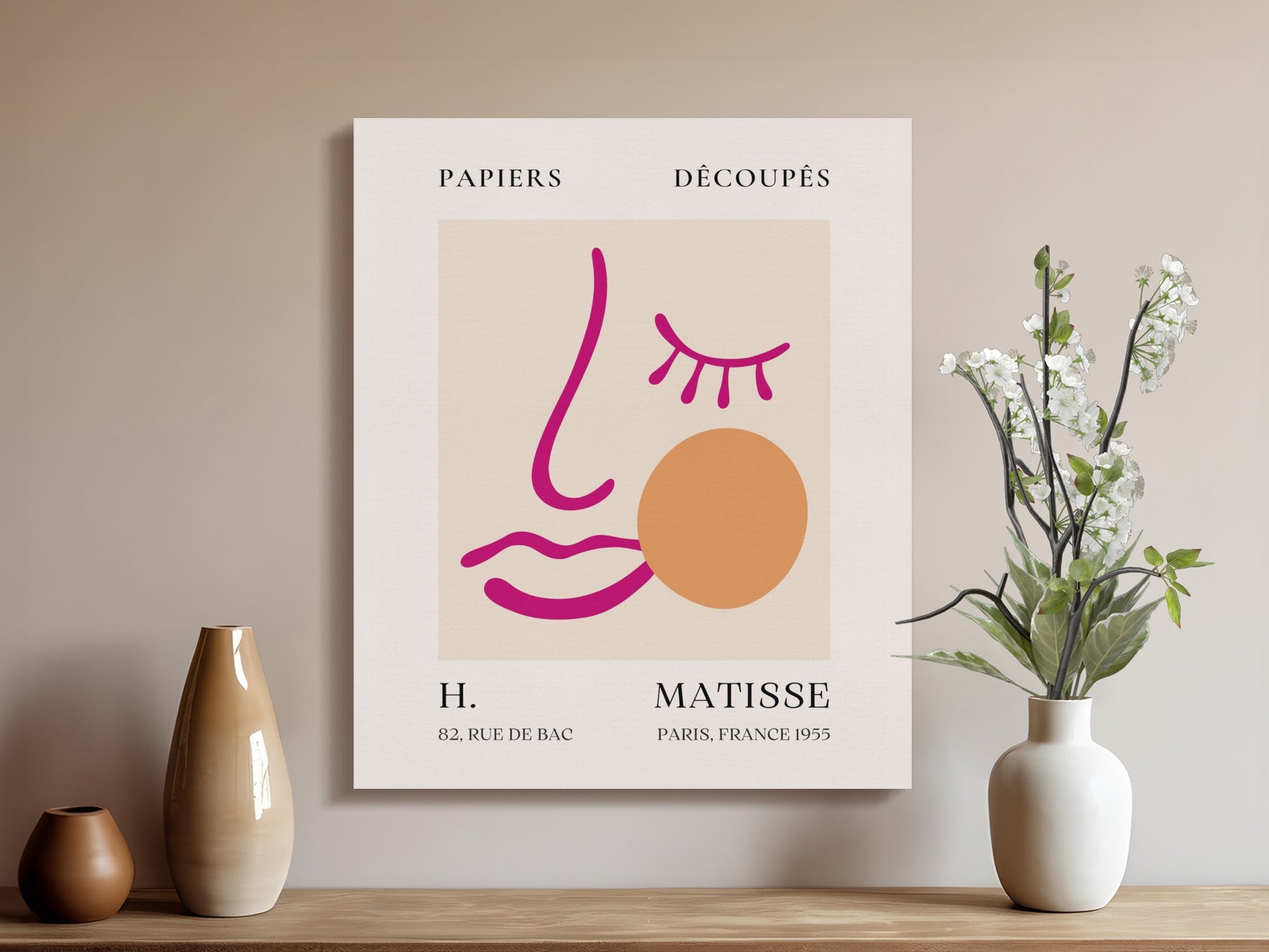 Henri Matisse canvas art displayed on a wall with vases and flowers, showcasing modern minimalist decor with 'Papiers Decoupes' design.