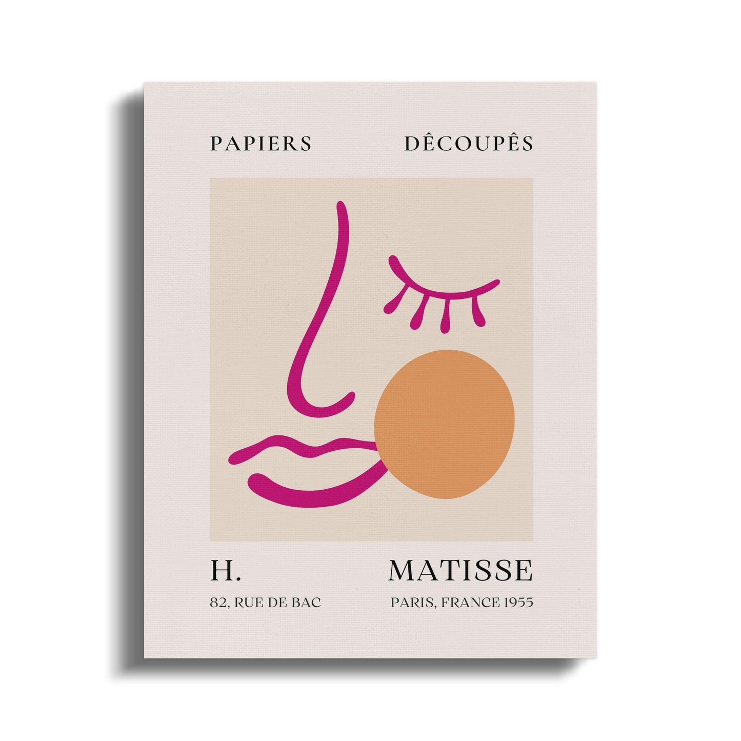 Henri Matisse wall art canvas featuring a minimalist face design in pink and orange with text 'Papiers Decoupes' and 'Rue de Bac, Paris 1955.'