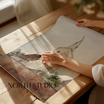 Premium Poster of Historic Church Tower Watercolor Art Print Posters
