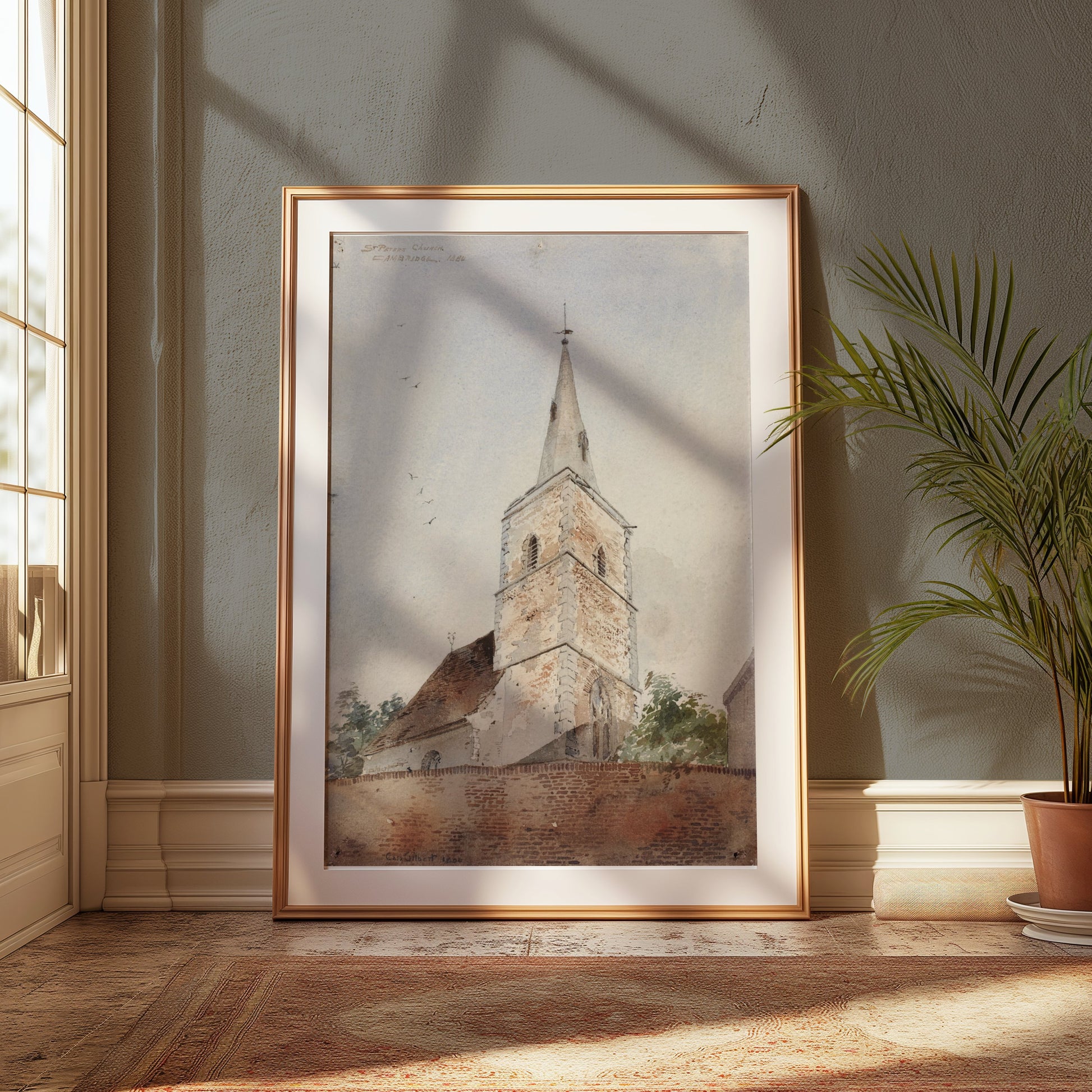 Premium Poster of Historic Church Tower Watercolor Art Print Posters